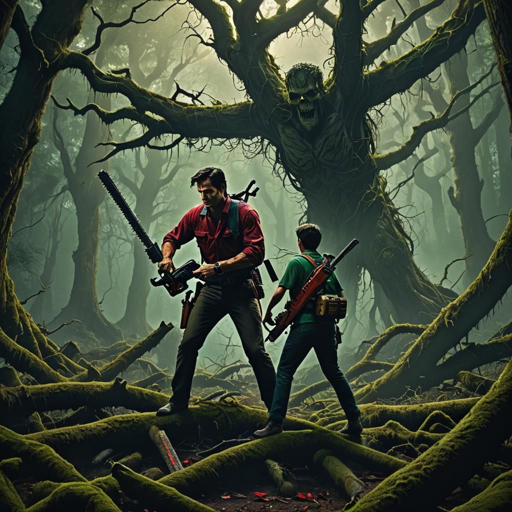 Fantasy Forest Duel in Dark Matte Painting Style