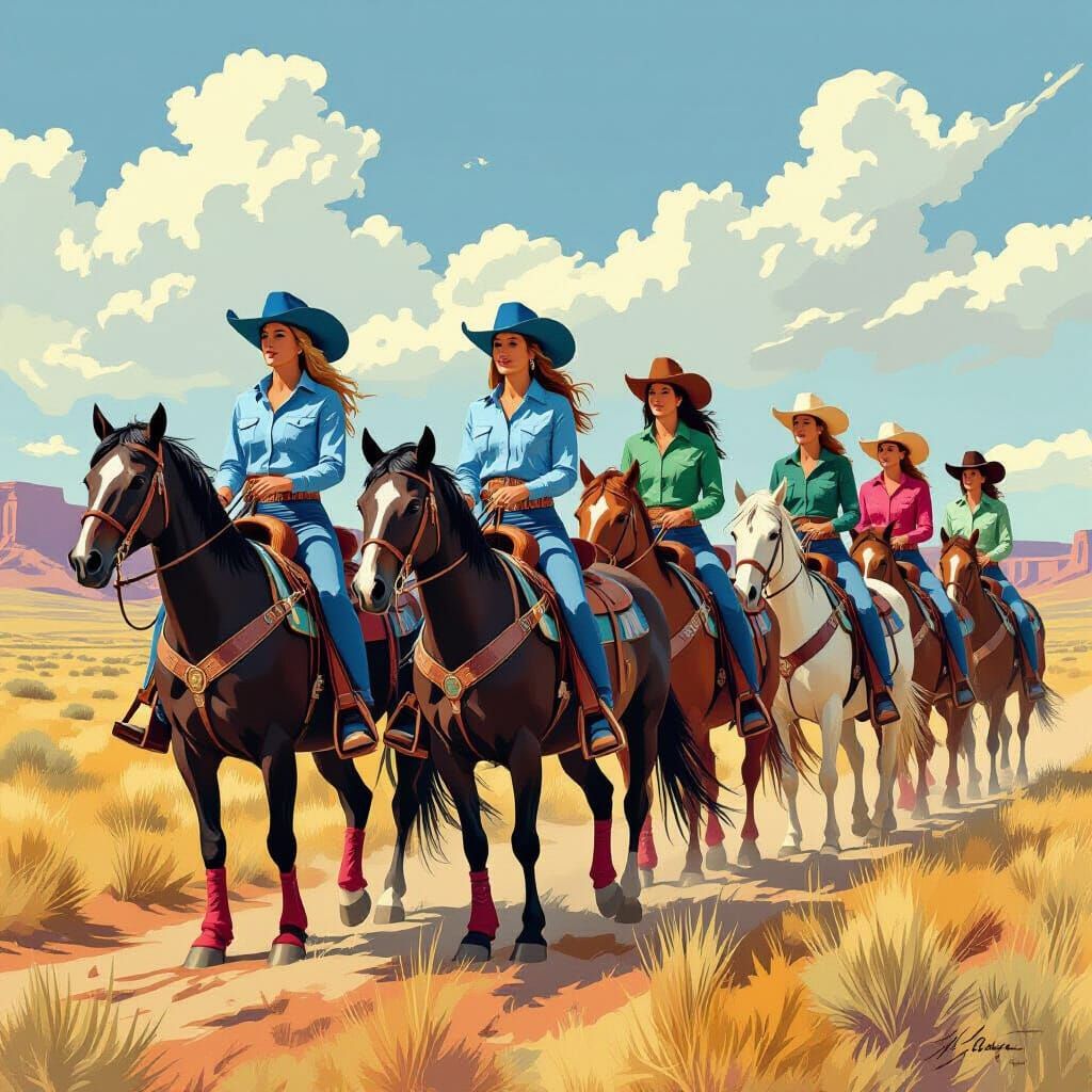 Native Cowgirls Ride Across Open Prairie Landscape