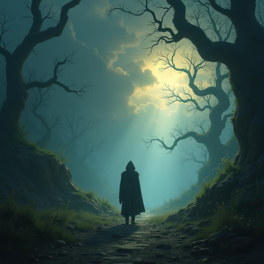 Mystical Forest Wanderer in a Chaotic Landscape