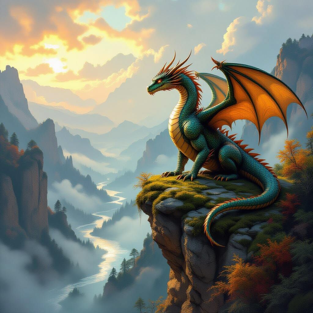Majestic Ancient Dragon on Misty Canyon Cliff