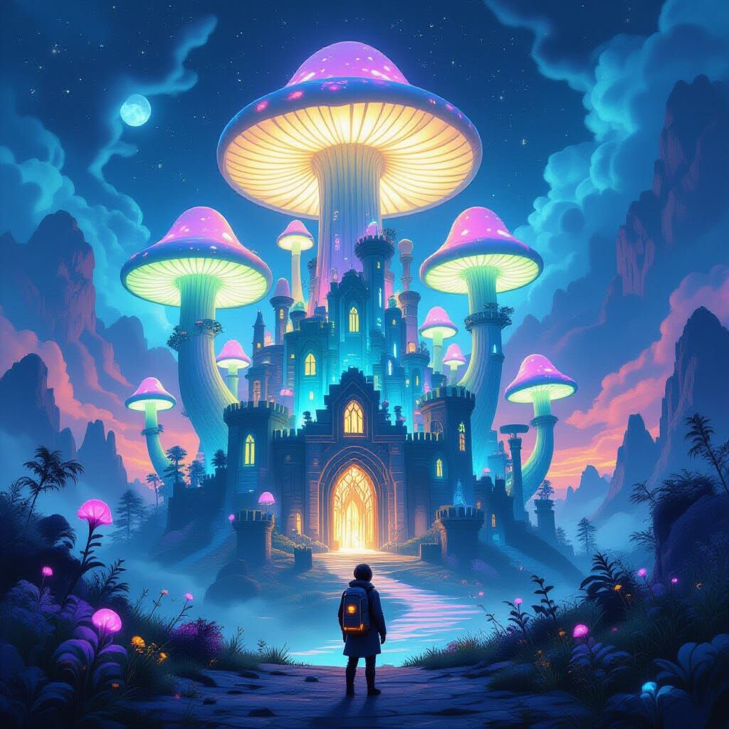Alien Mushroom Castle Landscape with Glowing Flora