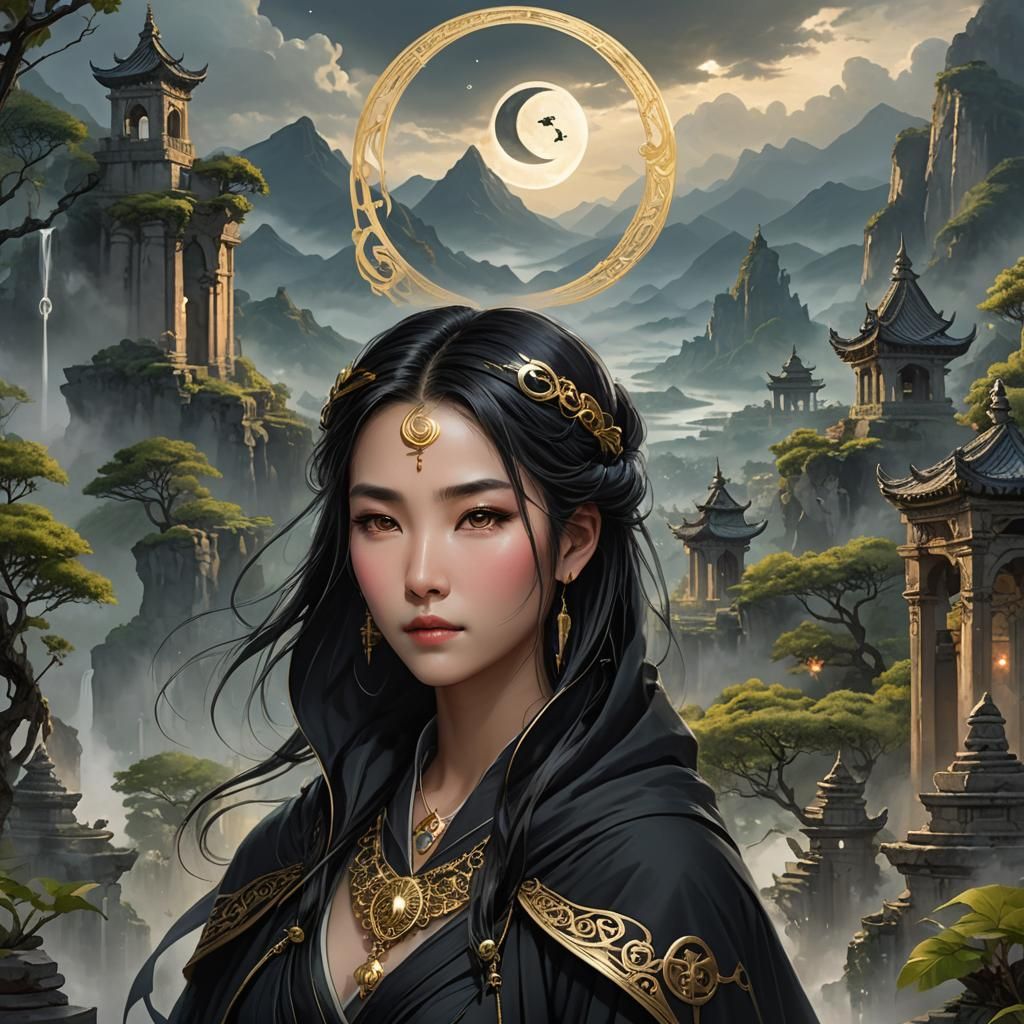 Mystical Asian Cleric in Dark Fantasy Landscape