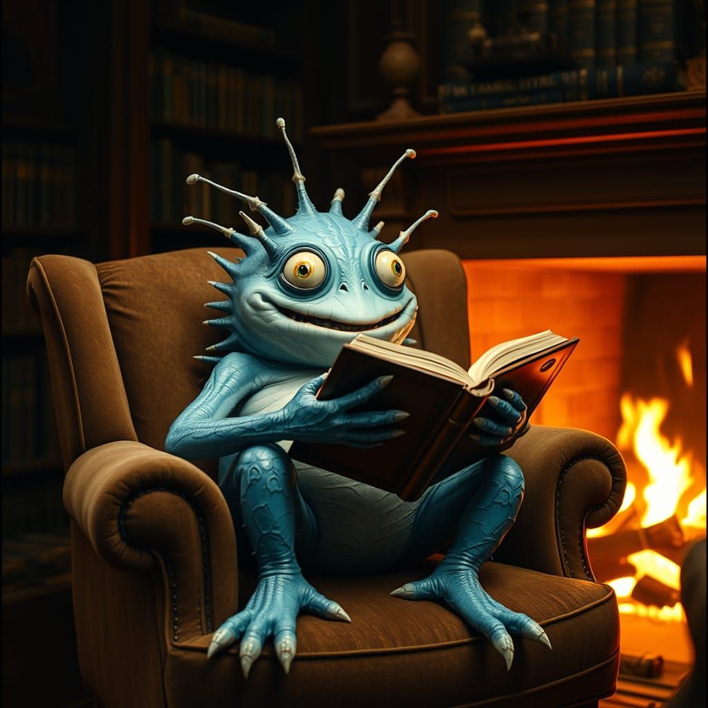 Enchanted Creature Reads by the Fireplace