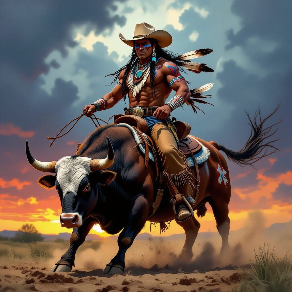Native American Warrior Rides Bucking Bull in Concept Art St...