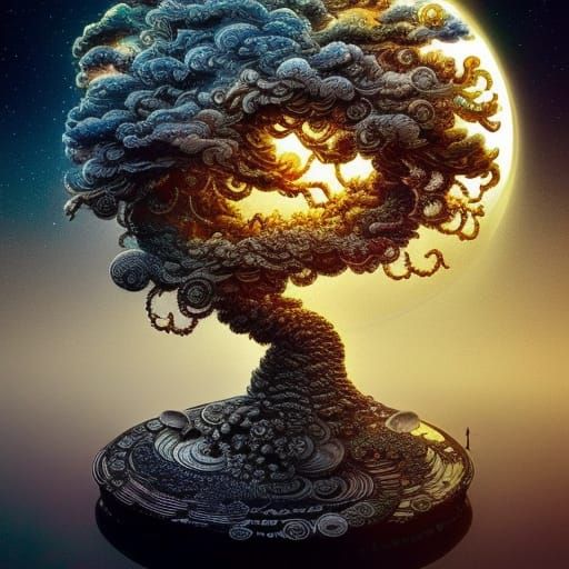 Crystal Bonsai Cityscape at Night: Digital Art