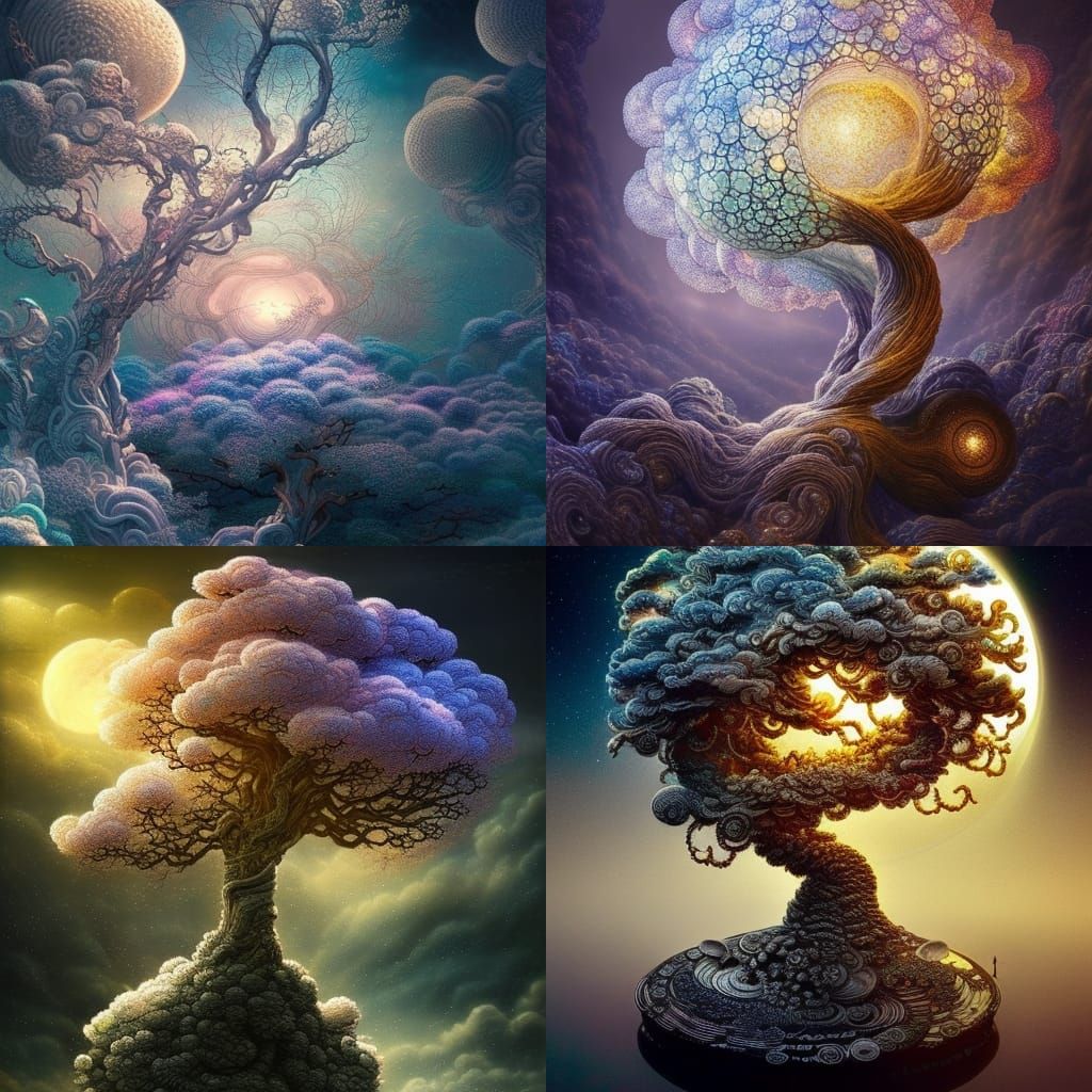 Crystal Bonsai Cityscape at Night: A Digital Illustration