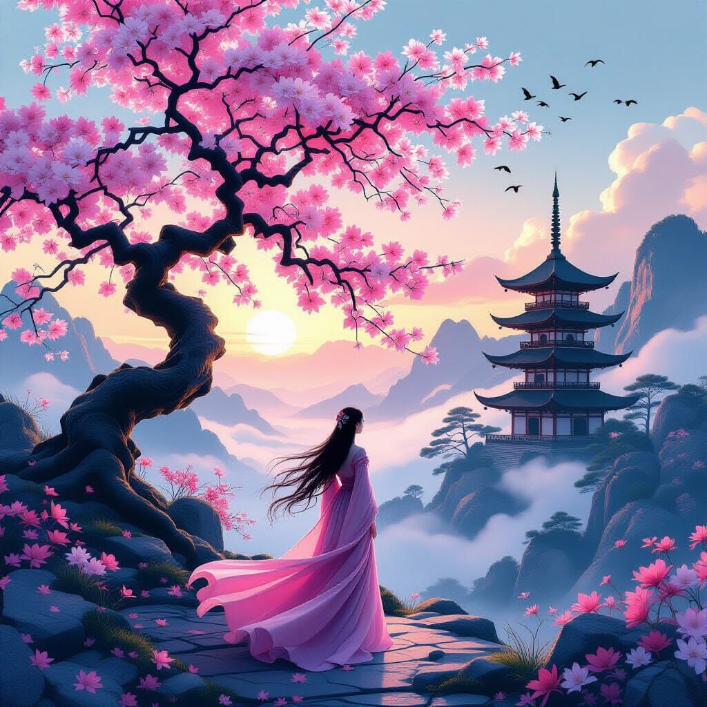 Mystical Pink Landscape with Pagoda and Cherry Blossoms