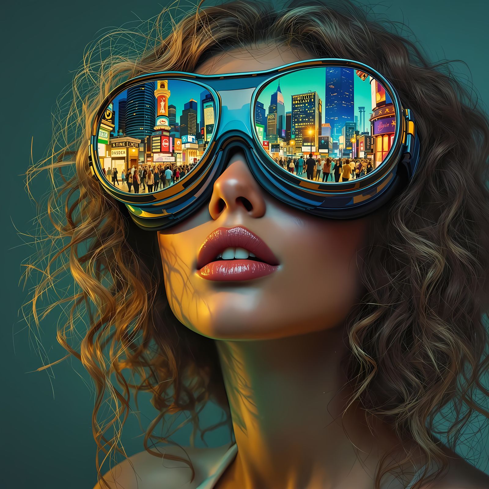 Surreal Cityscape Reflected in Goggled Woman