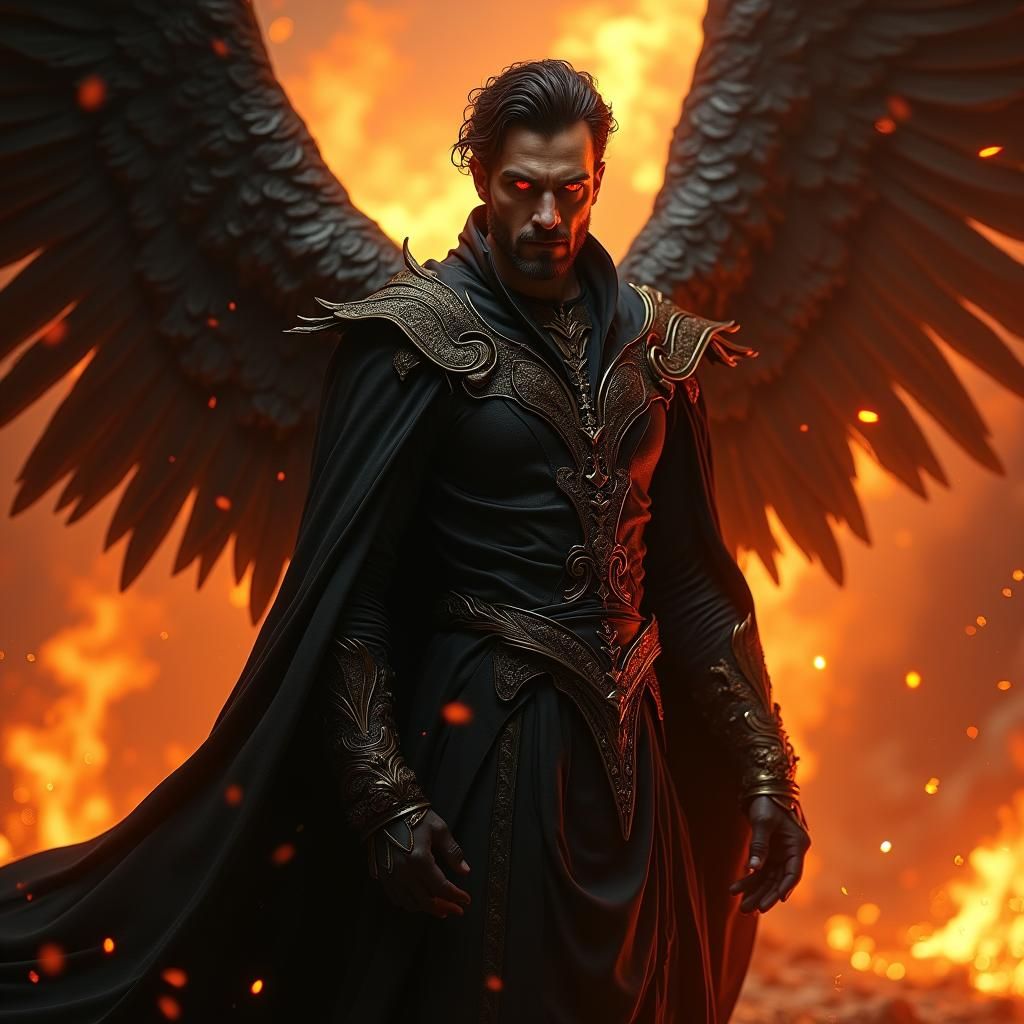 Majestic Fallen Angel in a Fiery Abyss