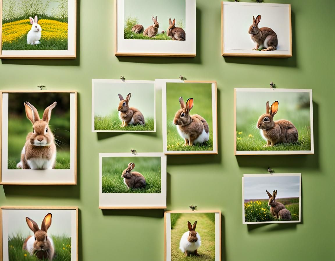 Rabbits in Spring Landscape on Green Wall