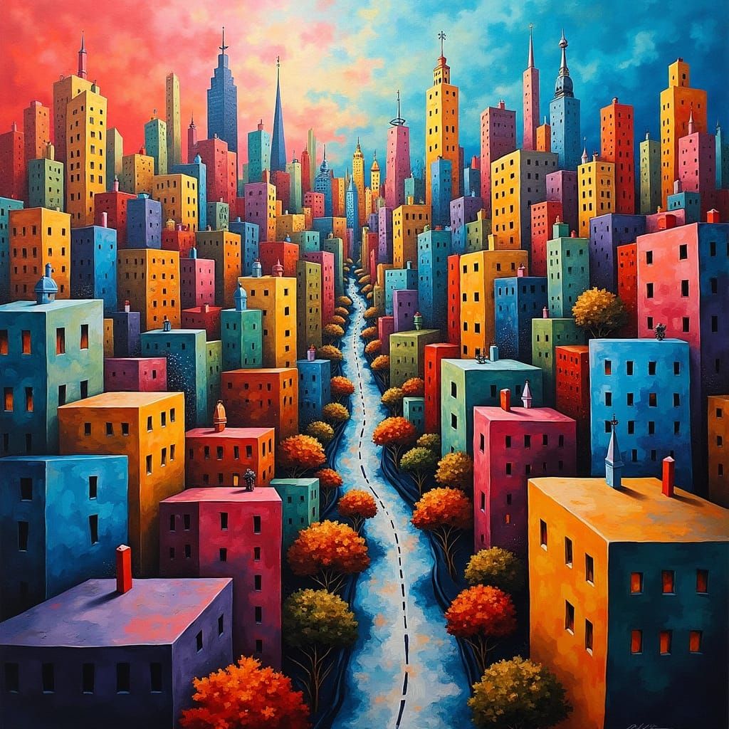 Geometric Cityscape Ecosystem in Cubist Style