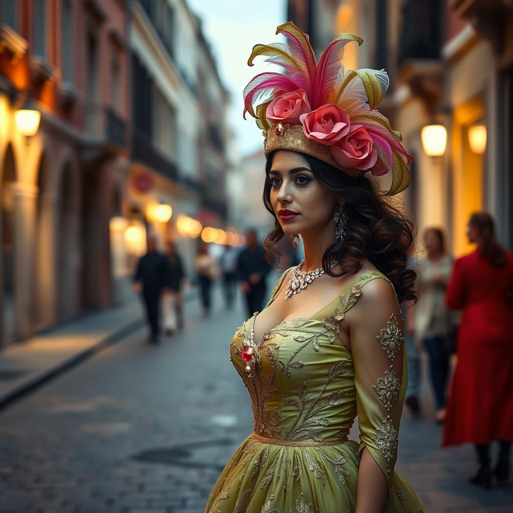 Venetian Carnival Woman in Evening Street Scene