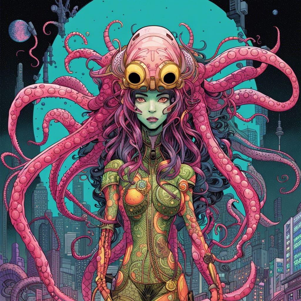 Alien Supermodel in Inkpunk Sci-Fi Style