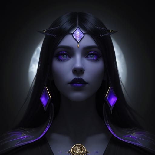 High priestess with long black hair and purple eyes with cobalt blue eyeshadow with blue eyeliner and black lipstick and...