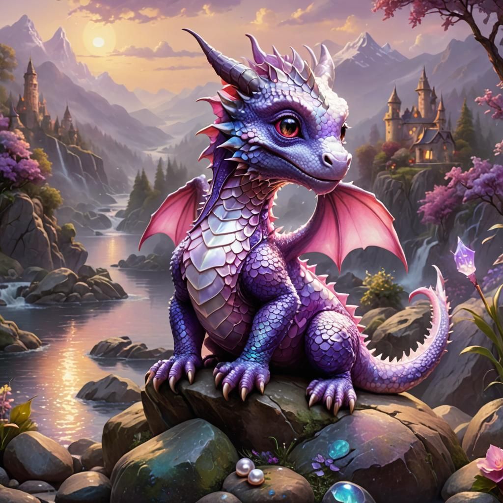 Cute Pink Dragon Sunset Fantasy, Detailed 8K