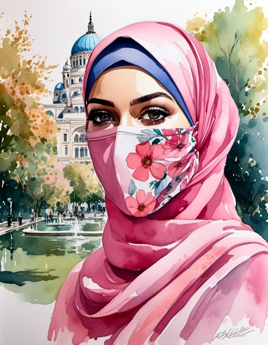 Watercolor Portrait of Woman with Hijab and Mask