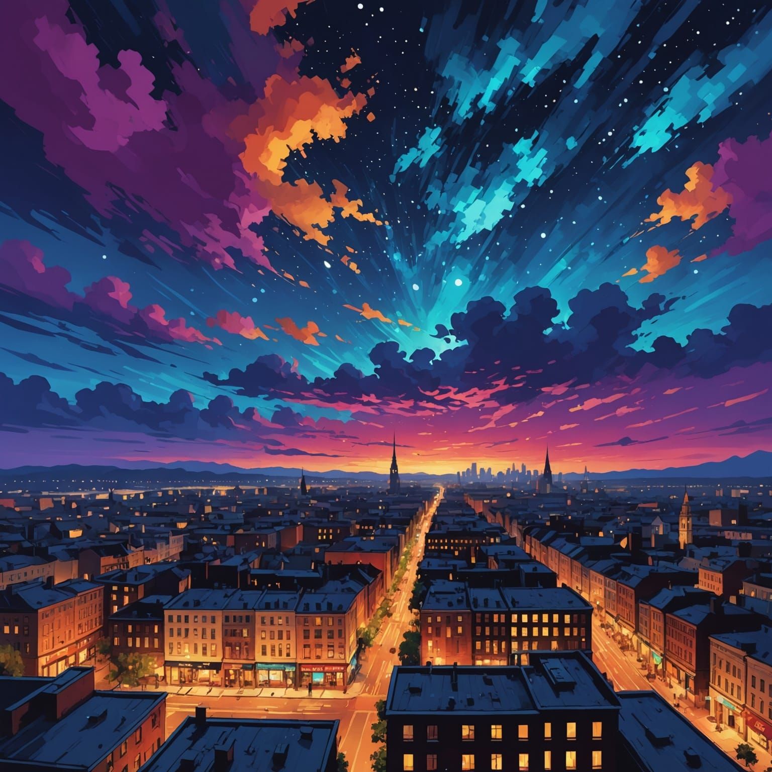 Impressionist Night Sky Over City in Peter Lik Style
