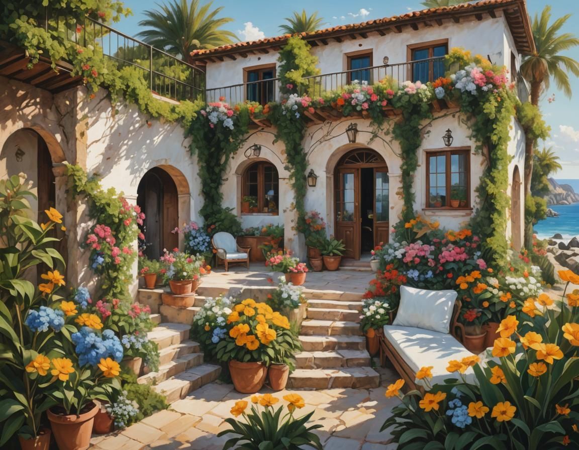 Seaside Hacienda with Climbing Flowers: Realistic Painting