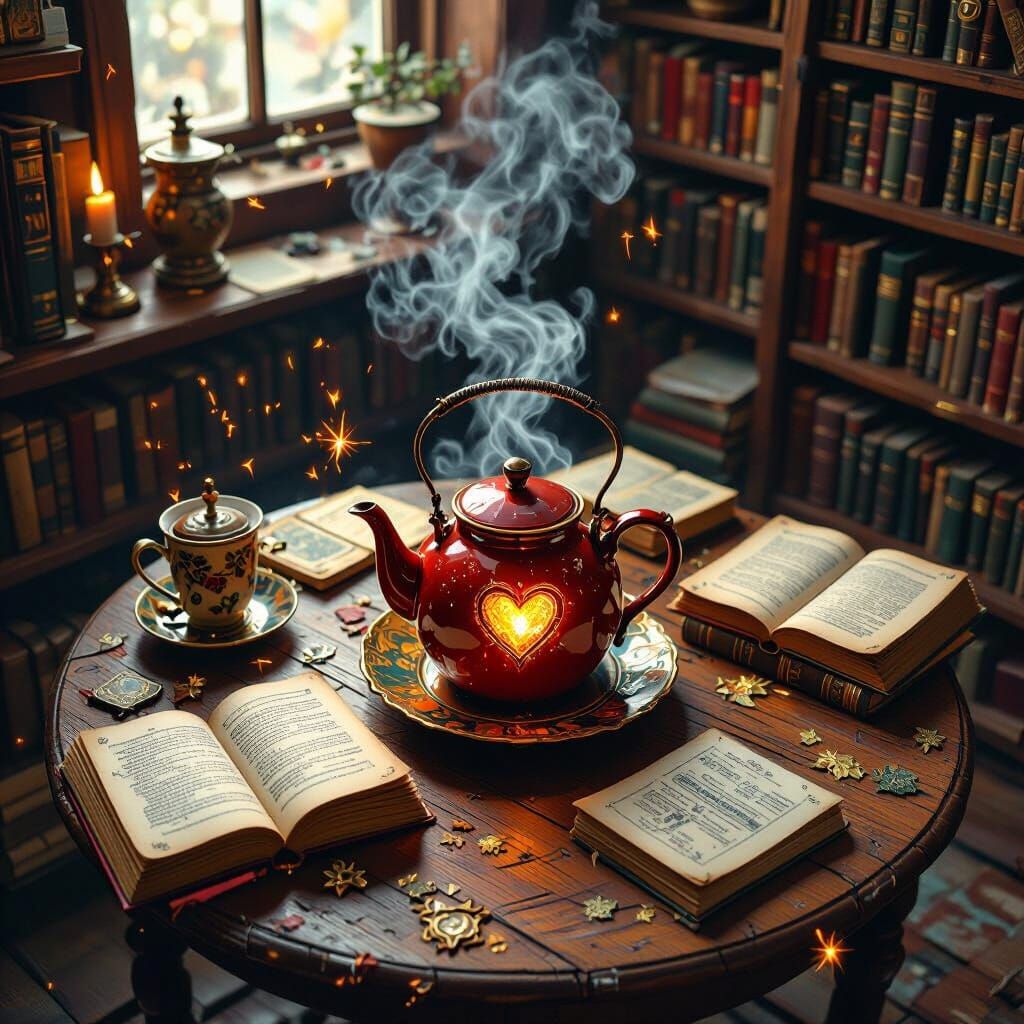 Fantasy Bookstore Table with Steaming Kettle