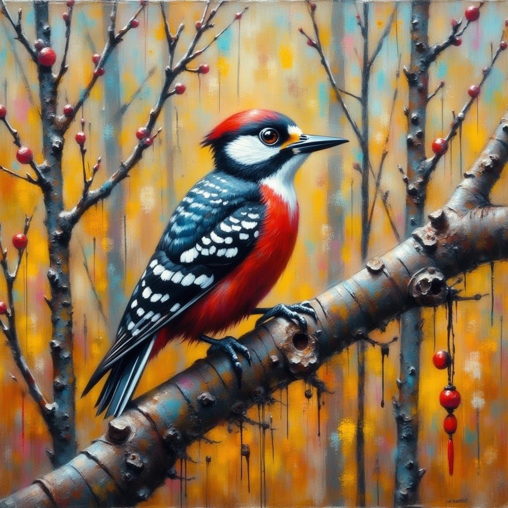 Textured Impasto Painting of a Woodpecker at Dusk