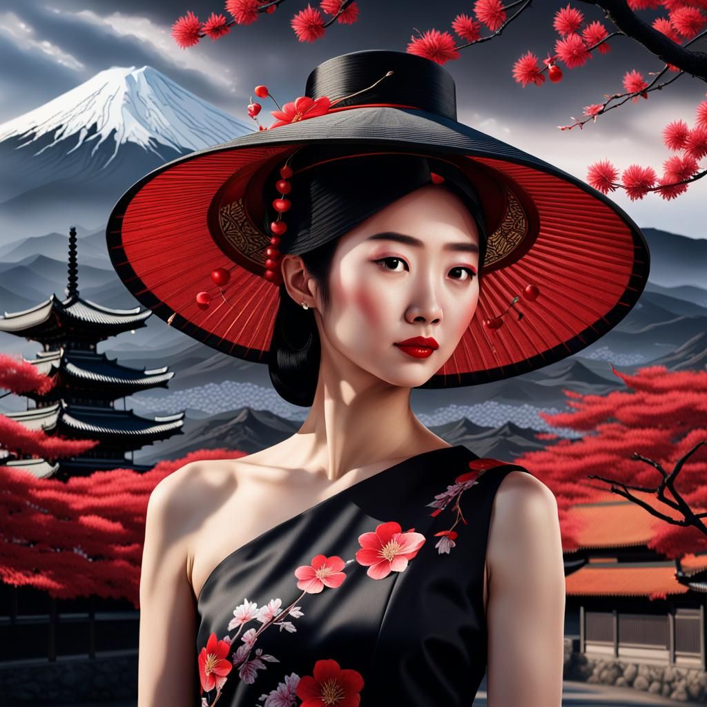 Chinese Woman at Mount Fuji in Chiaroscuro