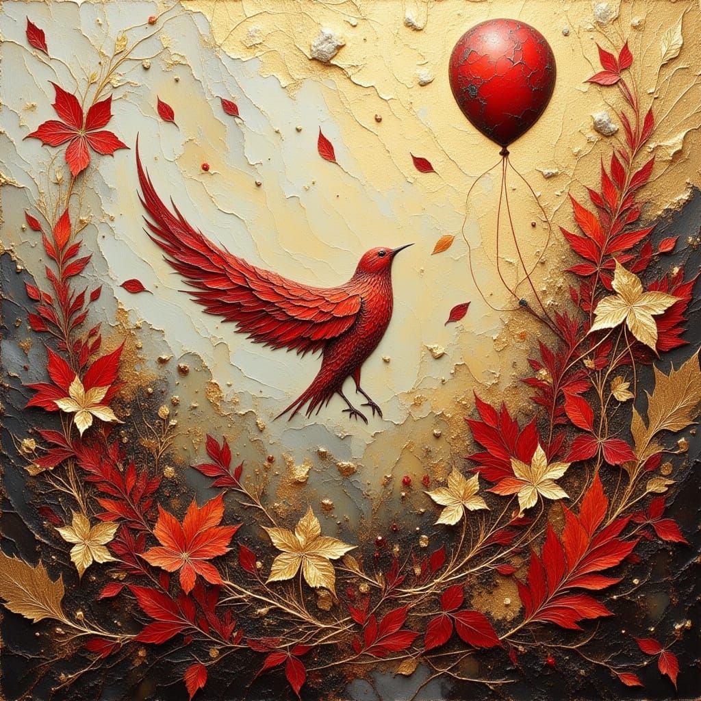 Autumn Sky with Red Bird and Balloon in Impasto Style