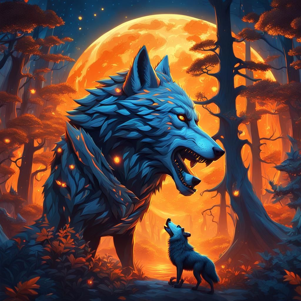 Night Wolf Protecting Human Companion in Fantasy Forest