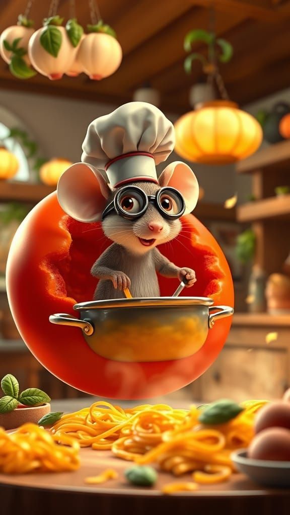 Mouse Chef Cooking in Giant Tomato, Pixar Style