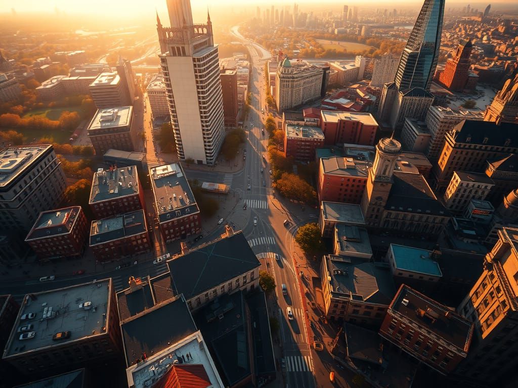 Golden Hour Bird's Eye Cityscape View
