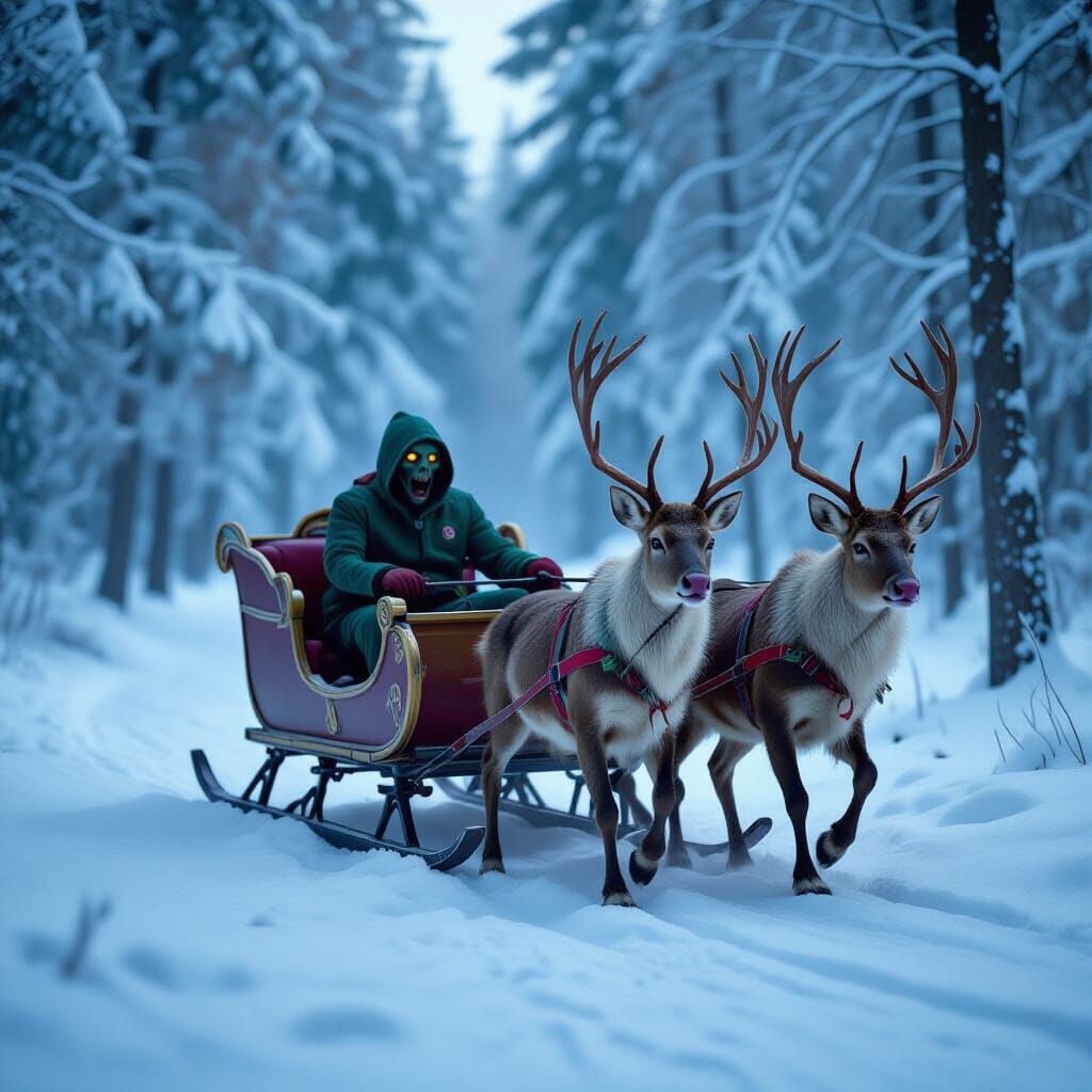 Zombie Reindeer Pull Sleigh Through Scary Forest