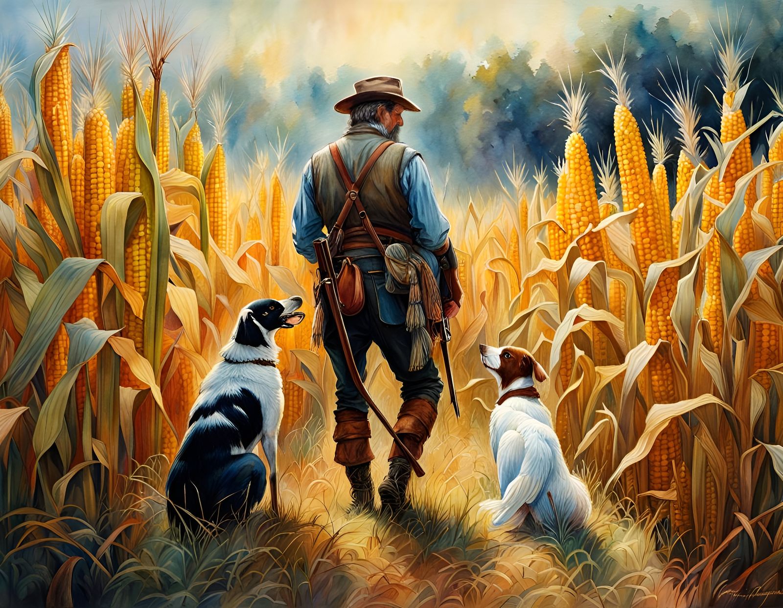 Man and Dog Quail Hunting Watercolor Folk Art
