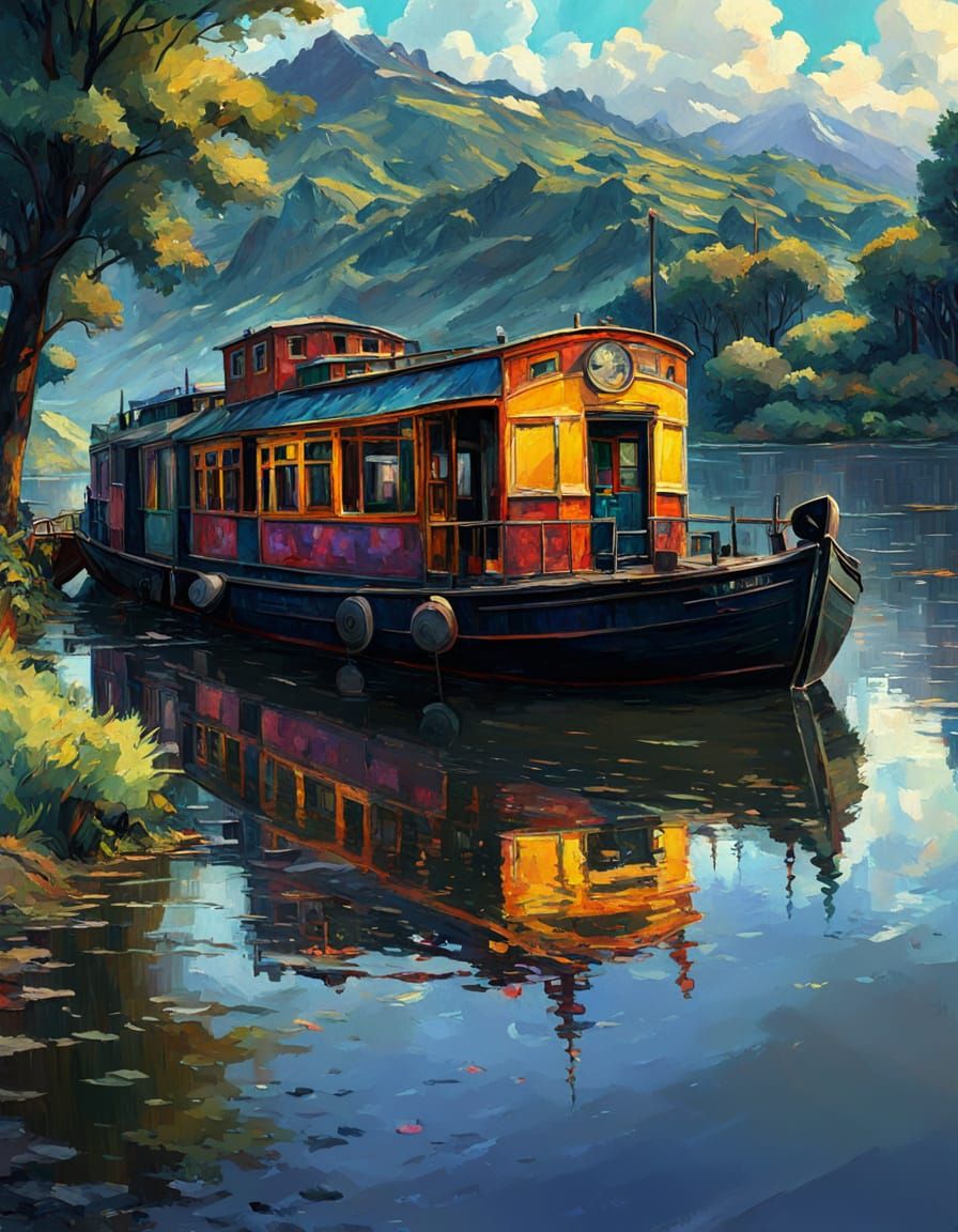 Epic Neo-Expressionist Oil Painting of a Houseboat