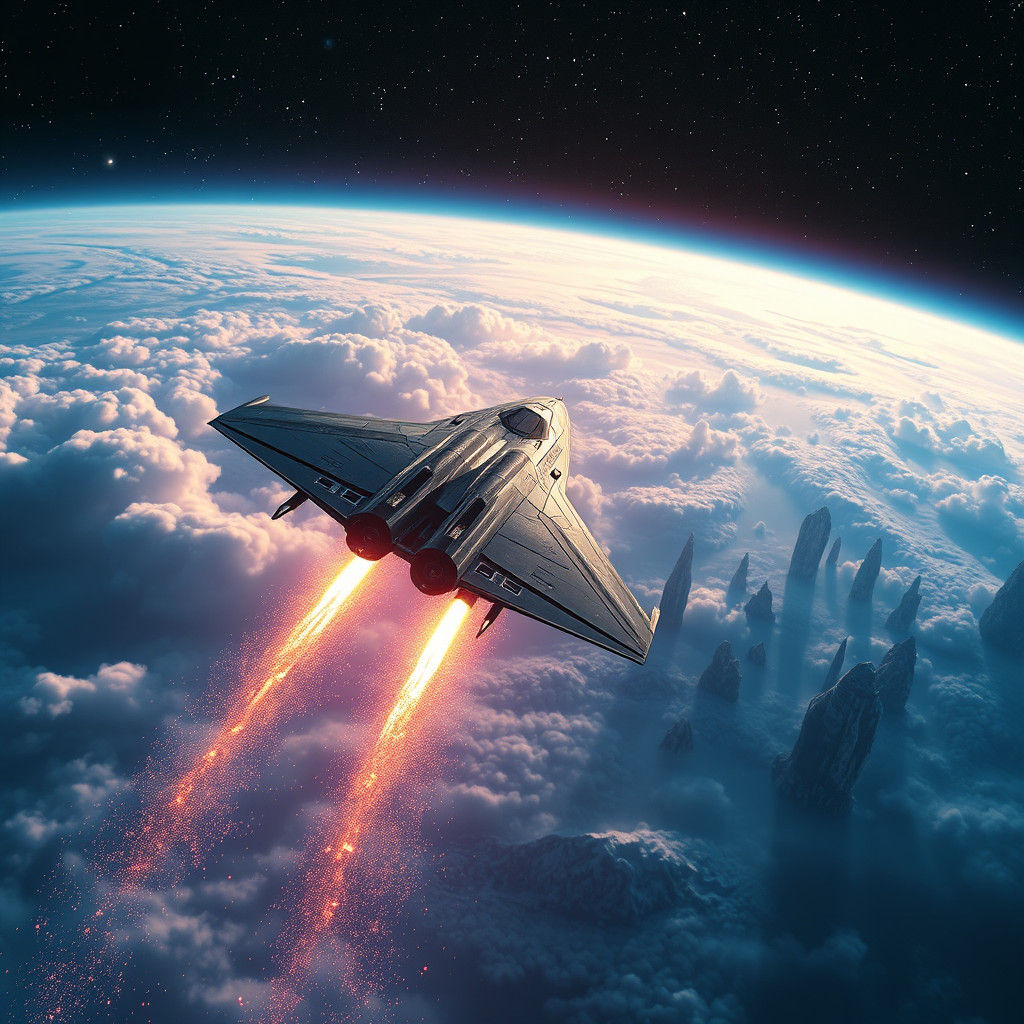 Spaceship Soaring Through Starry Space to New Planet