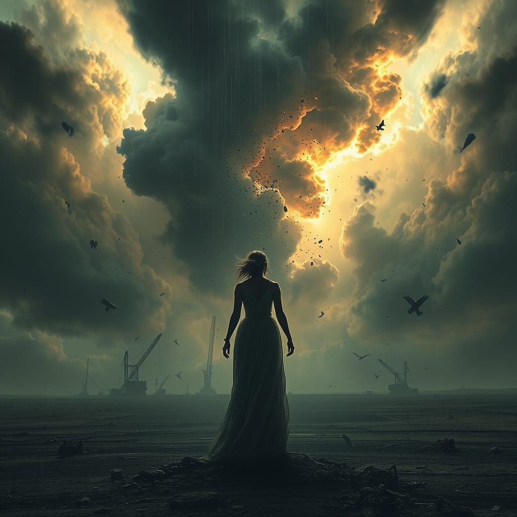 Stormy Dystopian Woman Amidst Skyfall