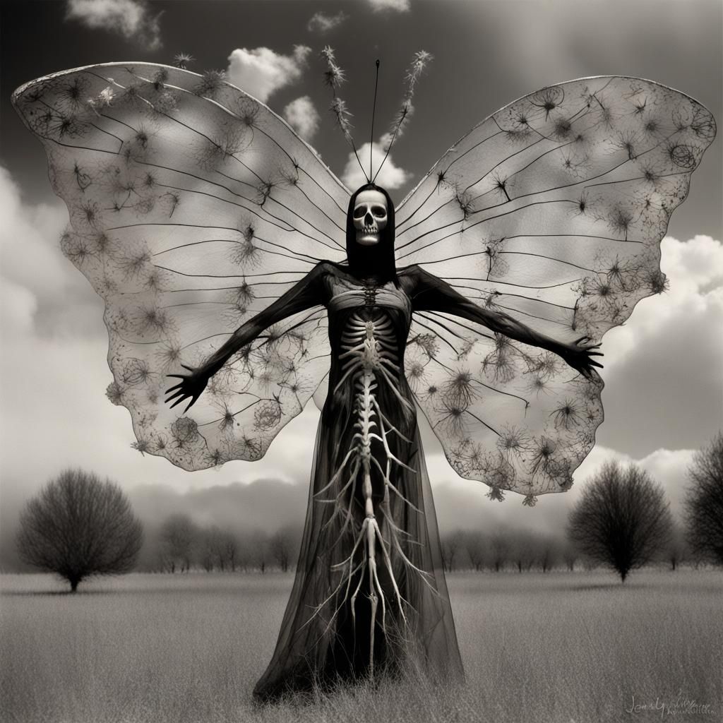 Santa Muerte Butterfly In flight,  in a Million Dandelion An...