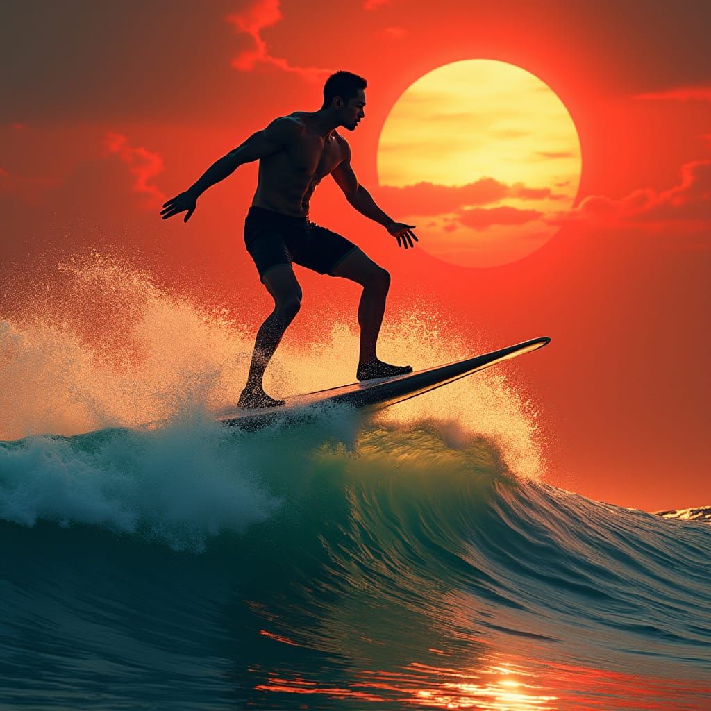 Art Deco Sumo Surfer Rides Wave Under Red Sun