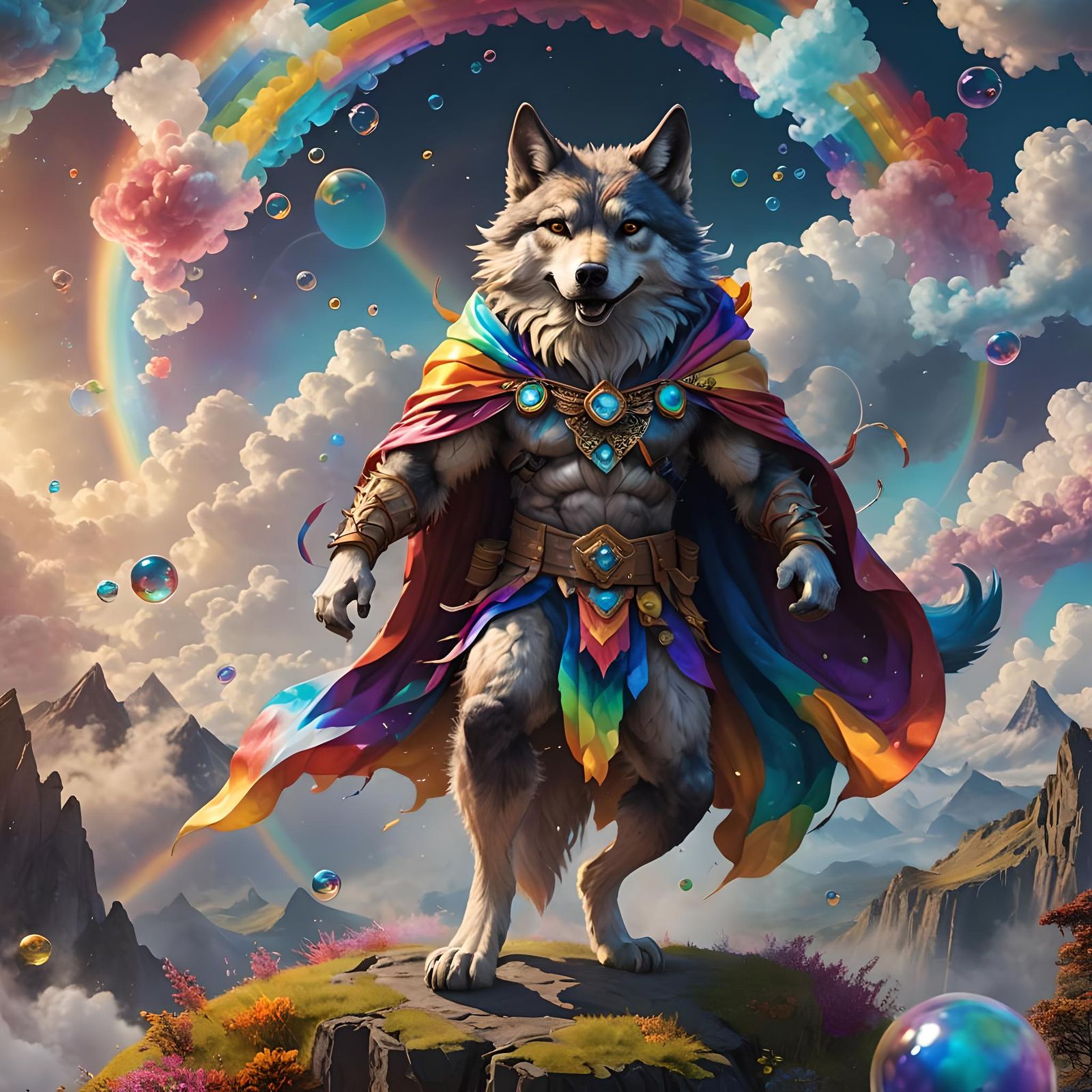 Anthropomorphic Fairy Wolf on Rainbow Clouds