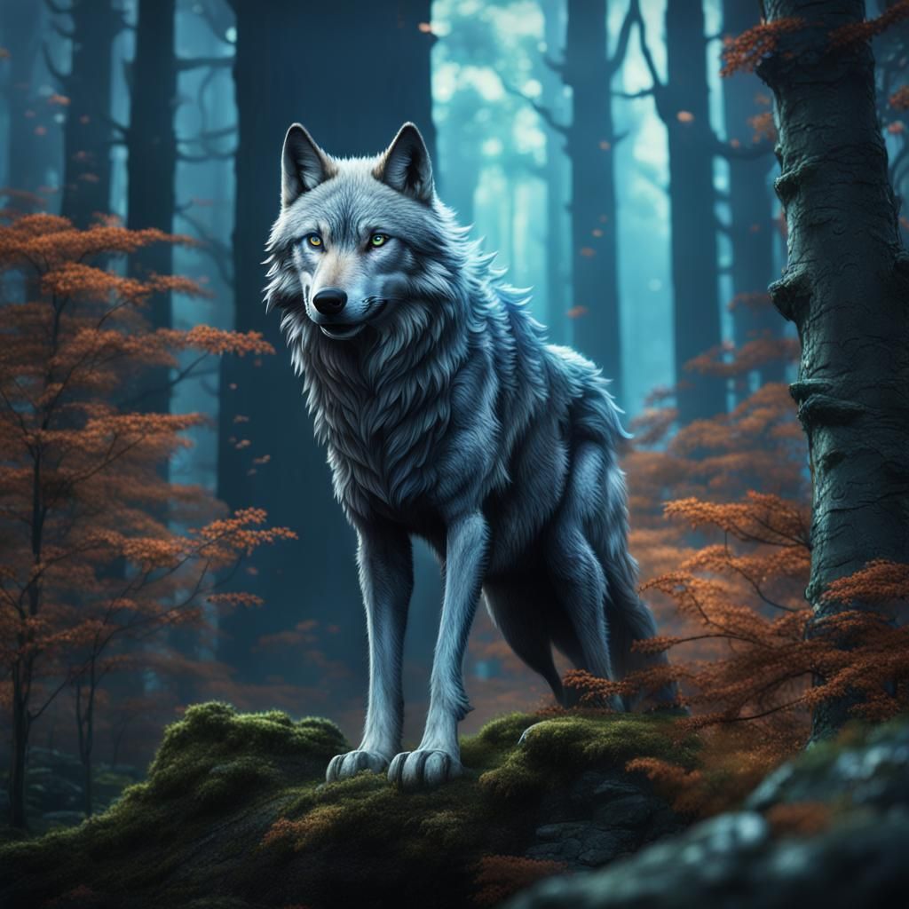 Blue-Eyed Wolf in Forest: Detailed Matte Painting