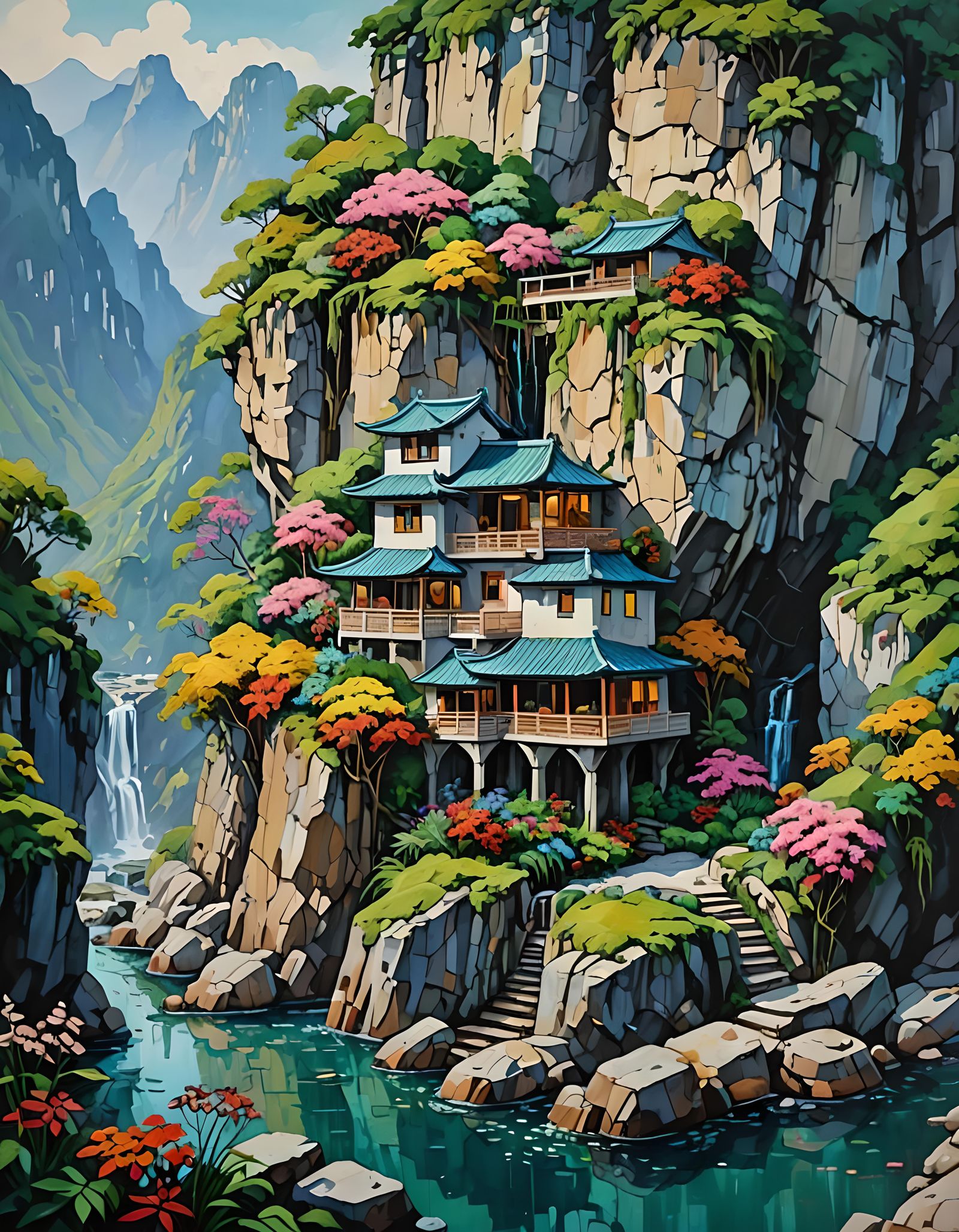 Cliffside House in Karst Mountains: Impasto Oil Painting