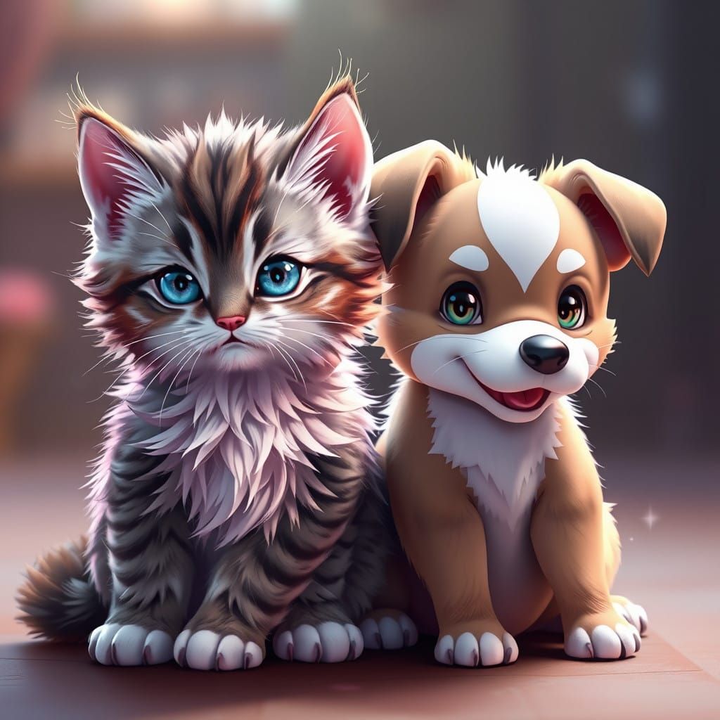 Majestic Feline and Canine Friendship in Vibrant 3D Anime St...