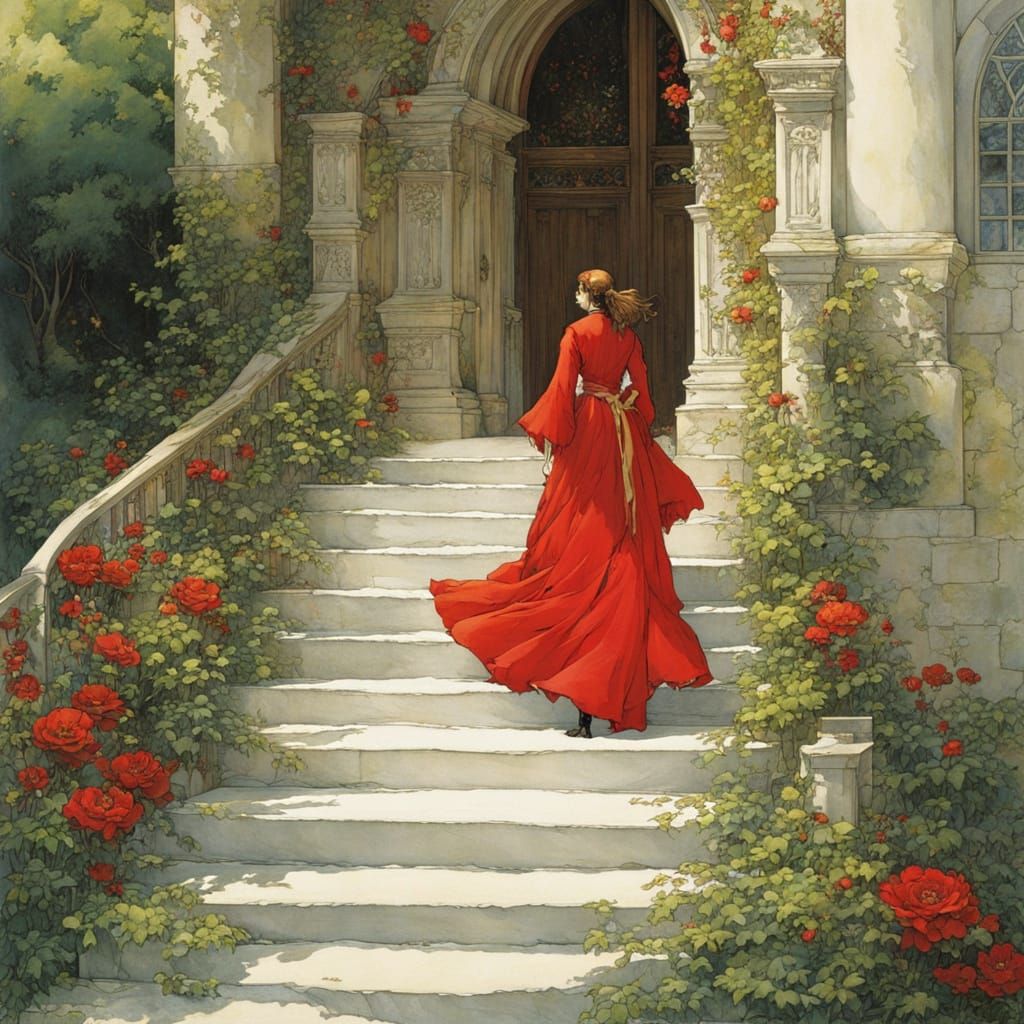 Woman in Red Gown Descending Stairs: Fantasy Art