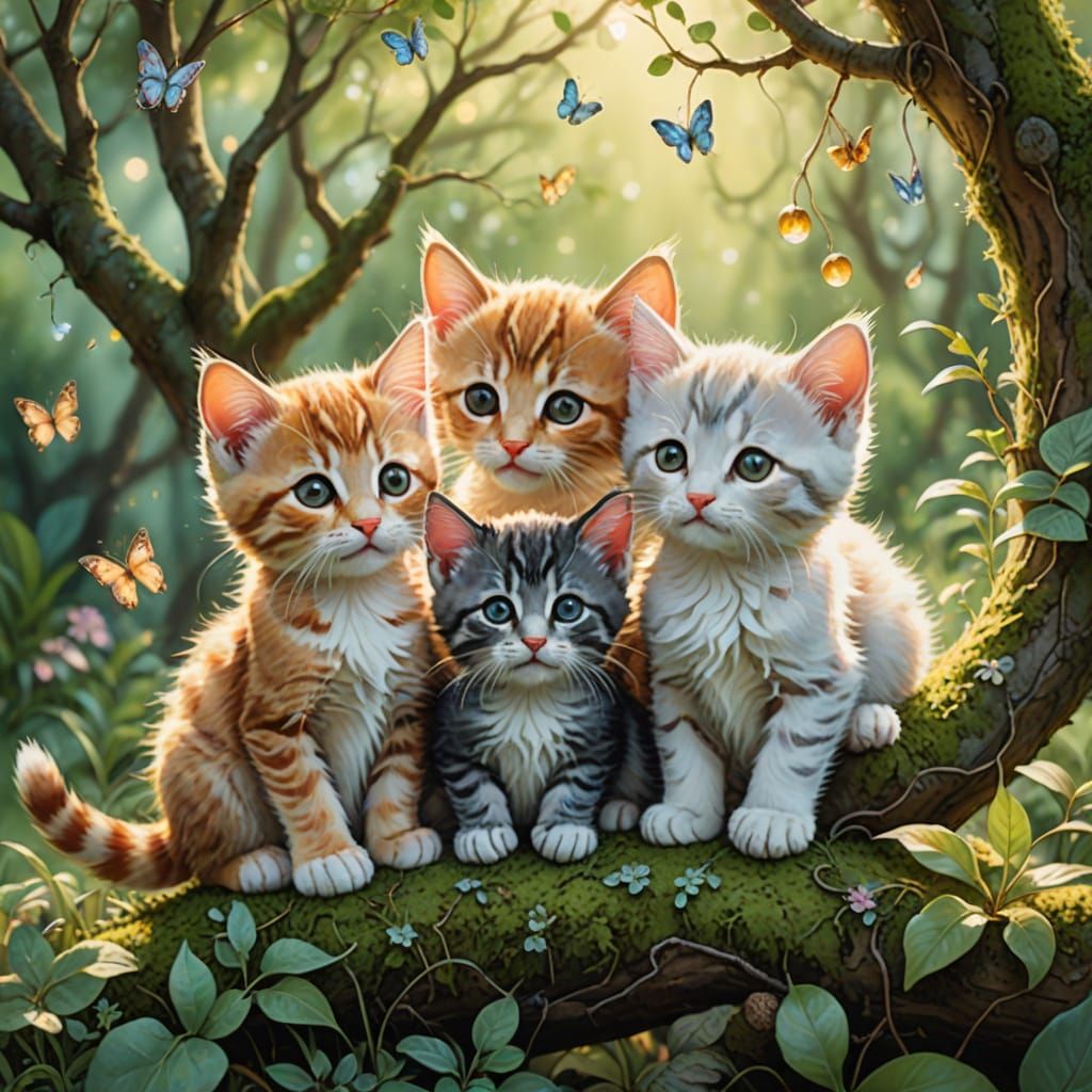Kittens Play in a Magical Garden: Watercolor Art