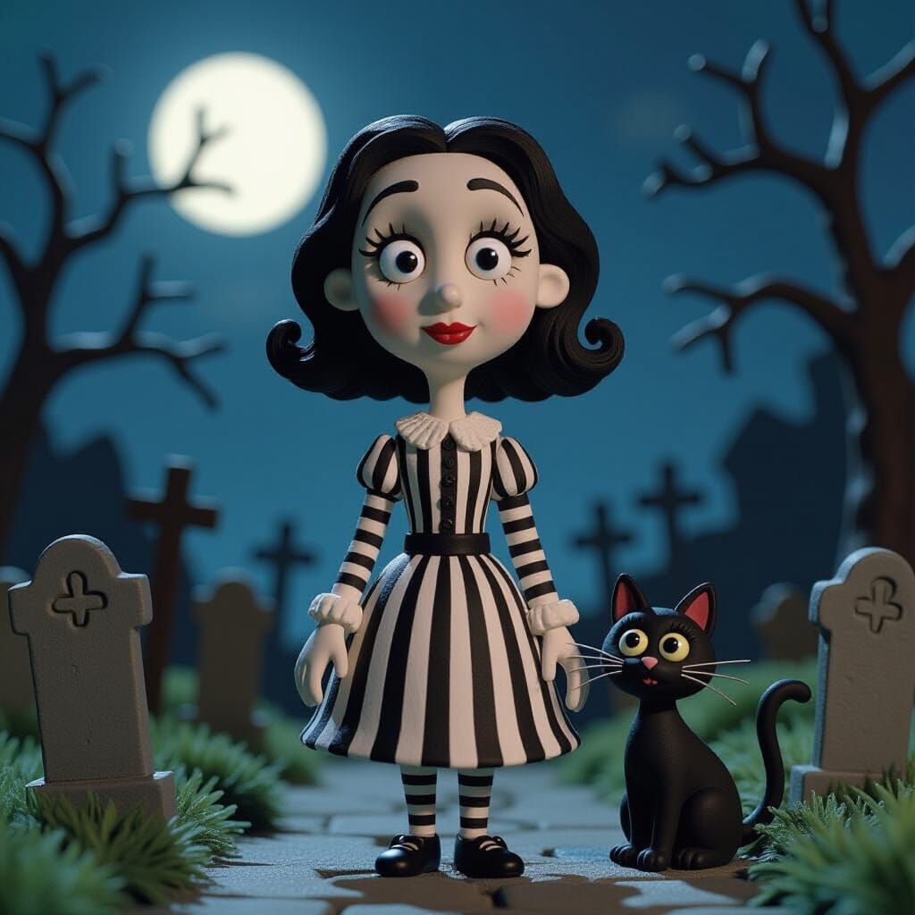 Claymation Girl & Cat in Moonlit Cemetery
