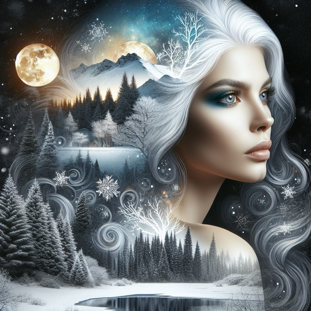 Ethereal Woman in Winter Landscape Double Exposure