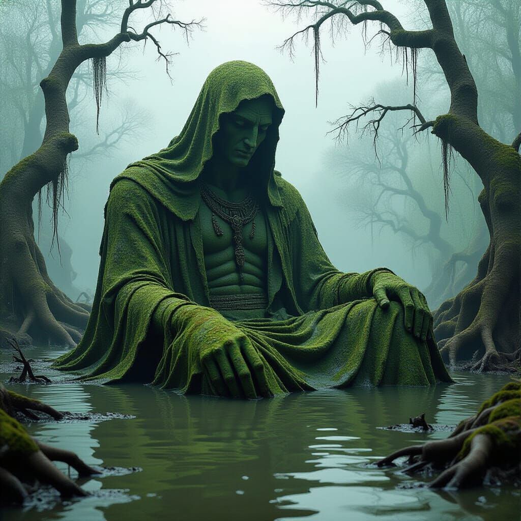 Colossal Decaying Deity in Murky Swamp, Surreal Art