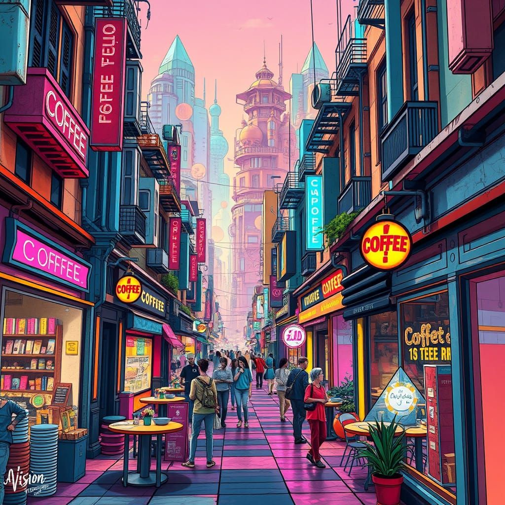 Surreal Coffee Street Landscape in Cyberpunk Digital Art Sty...