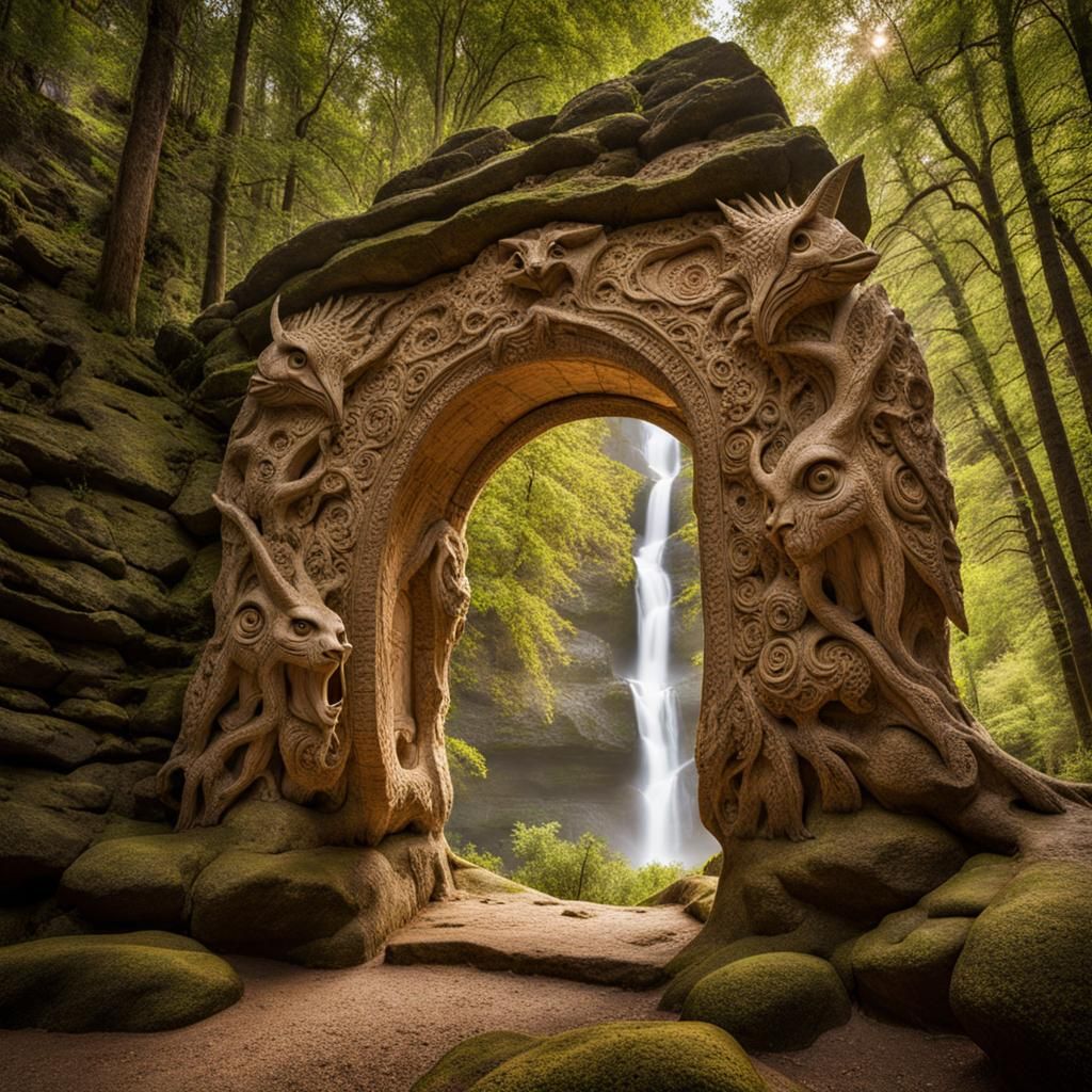Ornate Archway with Mythical Creature Carvings