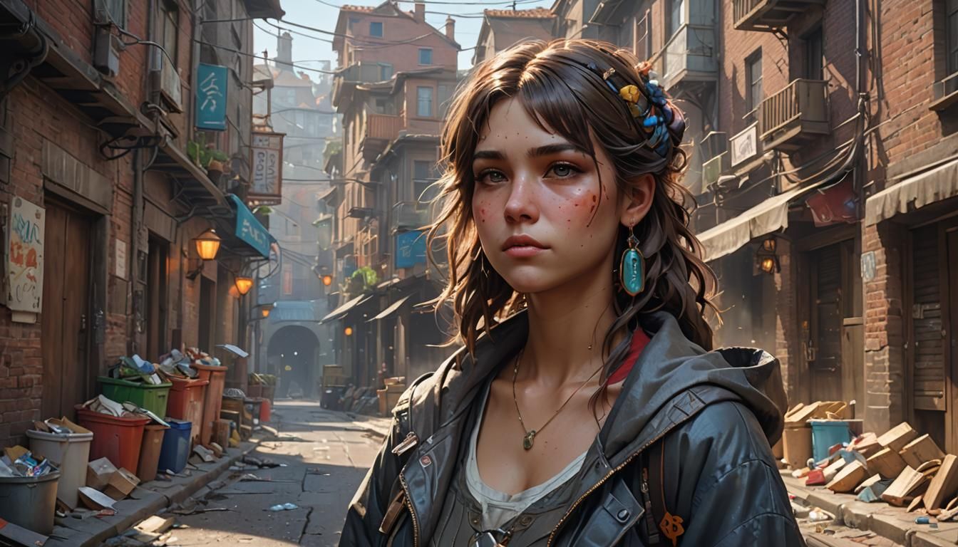 Village Alley Character Portrait in Detailed Splash Art