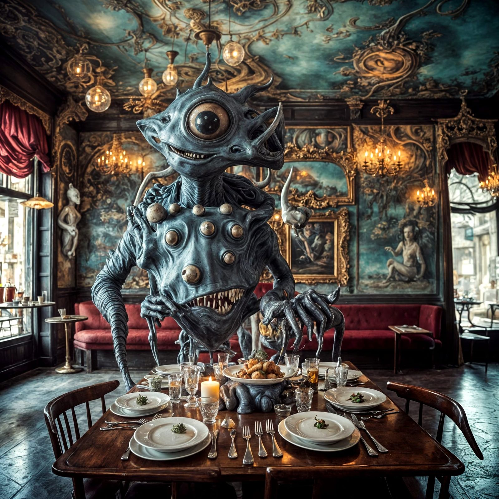 Surreal Restaurant Scene with Aliens and Humans