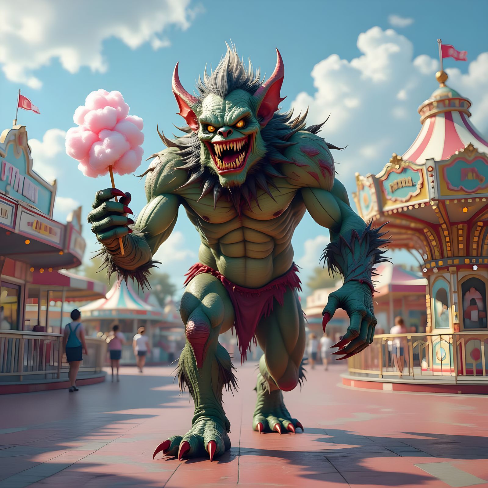 Terrifying Monster With Cotton Candy in Amusement Park